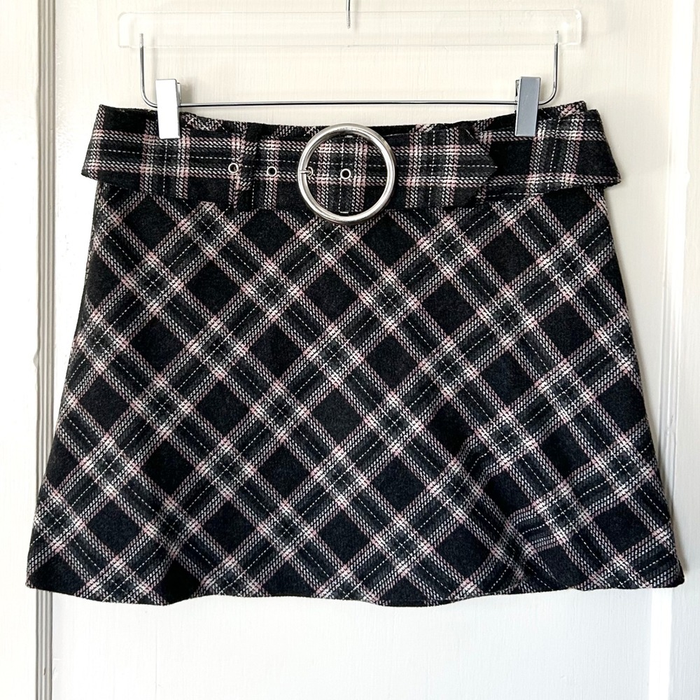 Vtg Y2K Exact Change Wool Belted Mini Skirt‎ Plaid 11 Grunge Bratz Preppy Twee